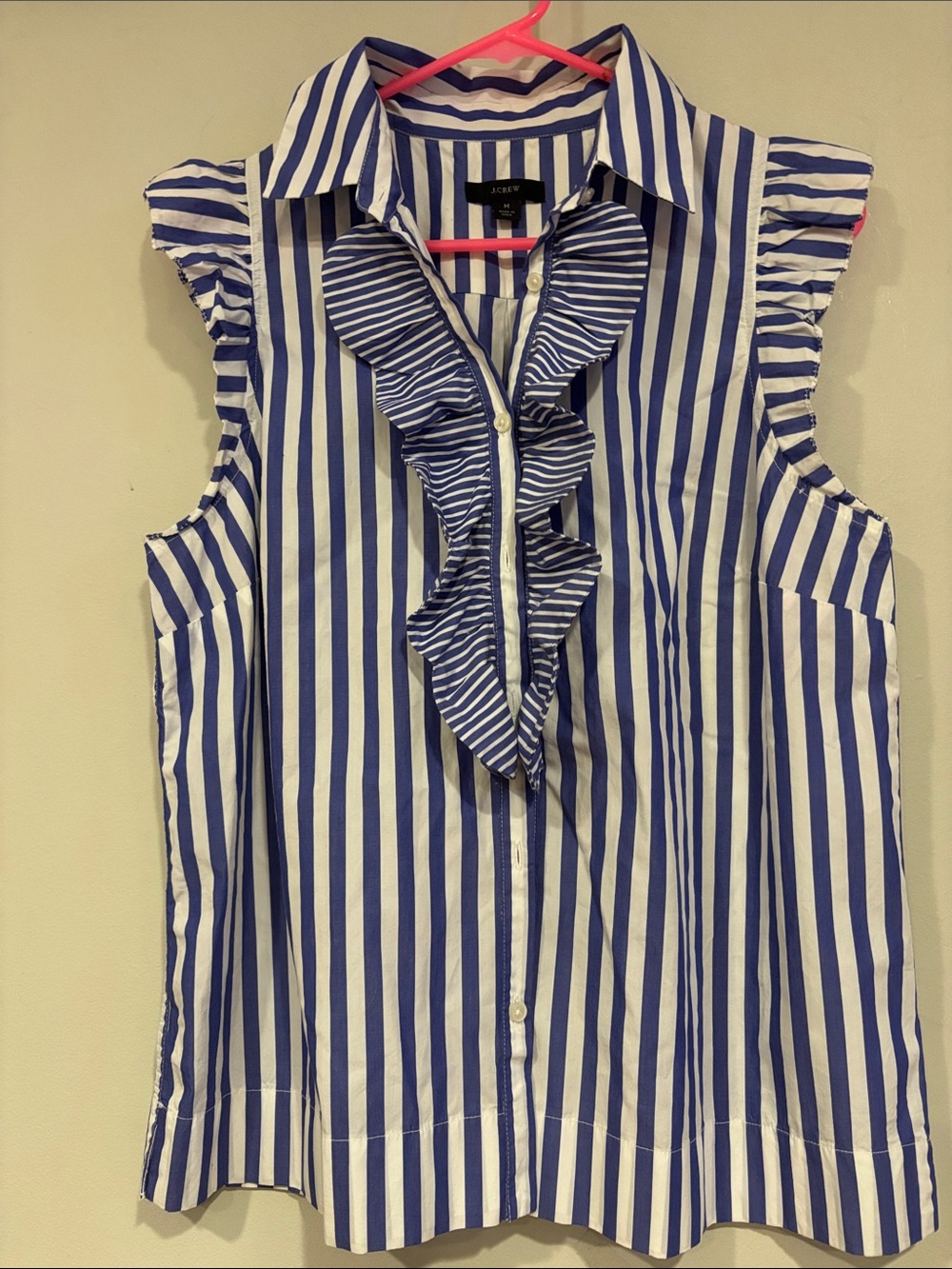 J. Crew Blue and White Striped Ruffle Sleeveless Button-Down Shirt